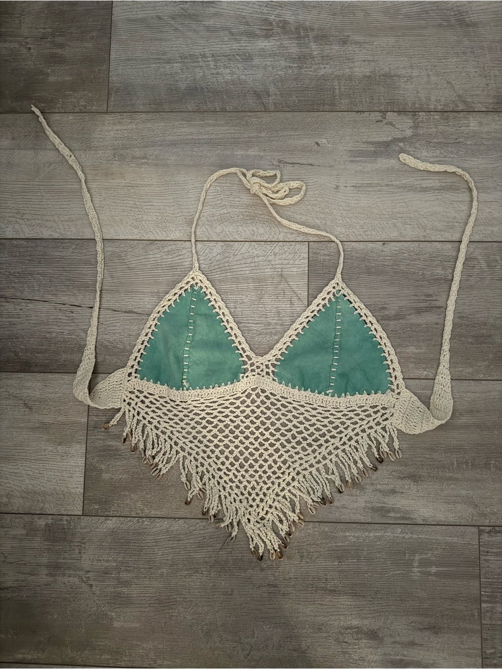 Crochet Fringe Triangle Halter - Teal & Cream Brand New!